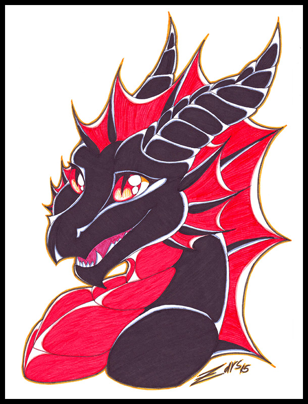 anthro black_border border fangs horn looking_at_viewer male open_mouth red_eyes simple_background smile solo teeth tongue white_background gard3r mythology sruhikan dragon mythological_creature mythological_scalie scalie 2015 traditional_media_(artwork)