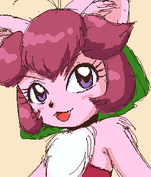 anthro brown_hair chest_tuft clothed clothing collar female fur hair kemono low-angle_view open_mouth pink_body pink_fur purple_eyes short_hair simple_background solo tuft white_body white_fur unknown_artist fighting_foodons clawdia_dia domestic_cat felid feline felis mammal bust_portrait digital_media_(artwork) low_res oekaki pixel_(artwork) portrait