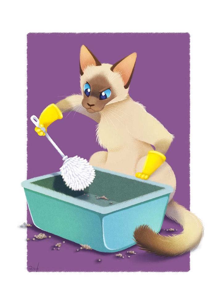 ambiguous_gender blue_eyes blue_sclera cleaning clothing dipstick_tail fur gloves handwear holding_object humor litter_box markings multicolored_tail nude purple_background simple_background solo tail tail_markings tan_body tan_fur toilet_brush whiskers work_gloves yellow_clothing yellow_gloves yellow_handwear vaporotem domestic_cat felid feline felis mammal siamese 2018 digital_media_(artwork) signature