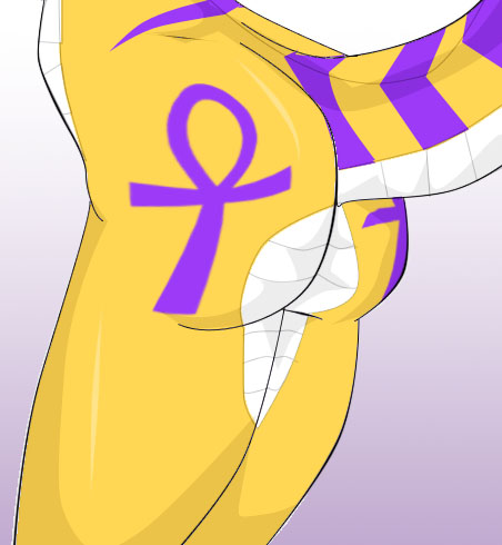 ankh ankh_marking anthro butt female gradient_background markings nude purple_markings raised_tail scales simple_background solo tail tattoo ventral_scales yellow_body yellow_scales yellow_skin justathereptile vala_(justathereptile) cobra reptile scalie snake 2011 digital_media_(artwork) low_res