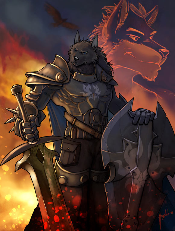 anthro armor black_body black_fur black_nose blue_eyes fire fur male melee_weapon shield solo sword weapon magolobo canid canine canis mammal wolf