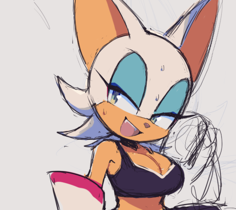 anthro big_breasts bodily_fluids bra breasts cleavage clothed clothing eyeshadow female fur makeup narrowed_eyes open_mouth open_smile simple_background smile solo sports_bra sweat tan_body tan_skin underwear white_body white_fur zzavok sega sonic_the_hedgehog_(series) rouge_the_bat bat mammal 2023 sketch unfinished