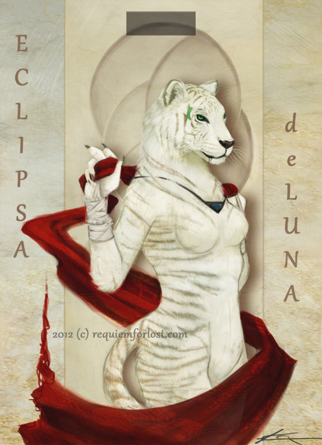 anthro bandage biped breasts claws fangs female fur green_eyes jewelry leucistic markings nails necklace nude scarf solo standing stripes tail teeth text white_body white_fur kitsunia eclipsa_deluna felid mammal pantherine tiger 2013 character_badge_(artwork) english_text