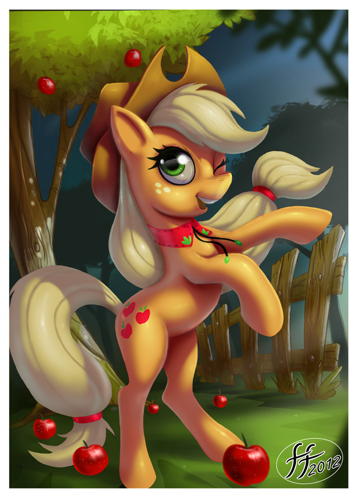 apple blonde_hair border clothing cutie_mark female fence feral food freckles fruit green_eyes hair hat headgear headwear one_eye_closed open_mouth orange_body outside plant ponytail quadruped sky solo standing tail tree white_border wink wood fernando_faria friendship_is_magic hasbro my_little_pony applejack_(mlp) earth_pony equid equine horse mammal pony 2012