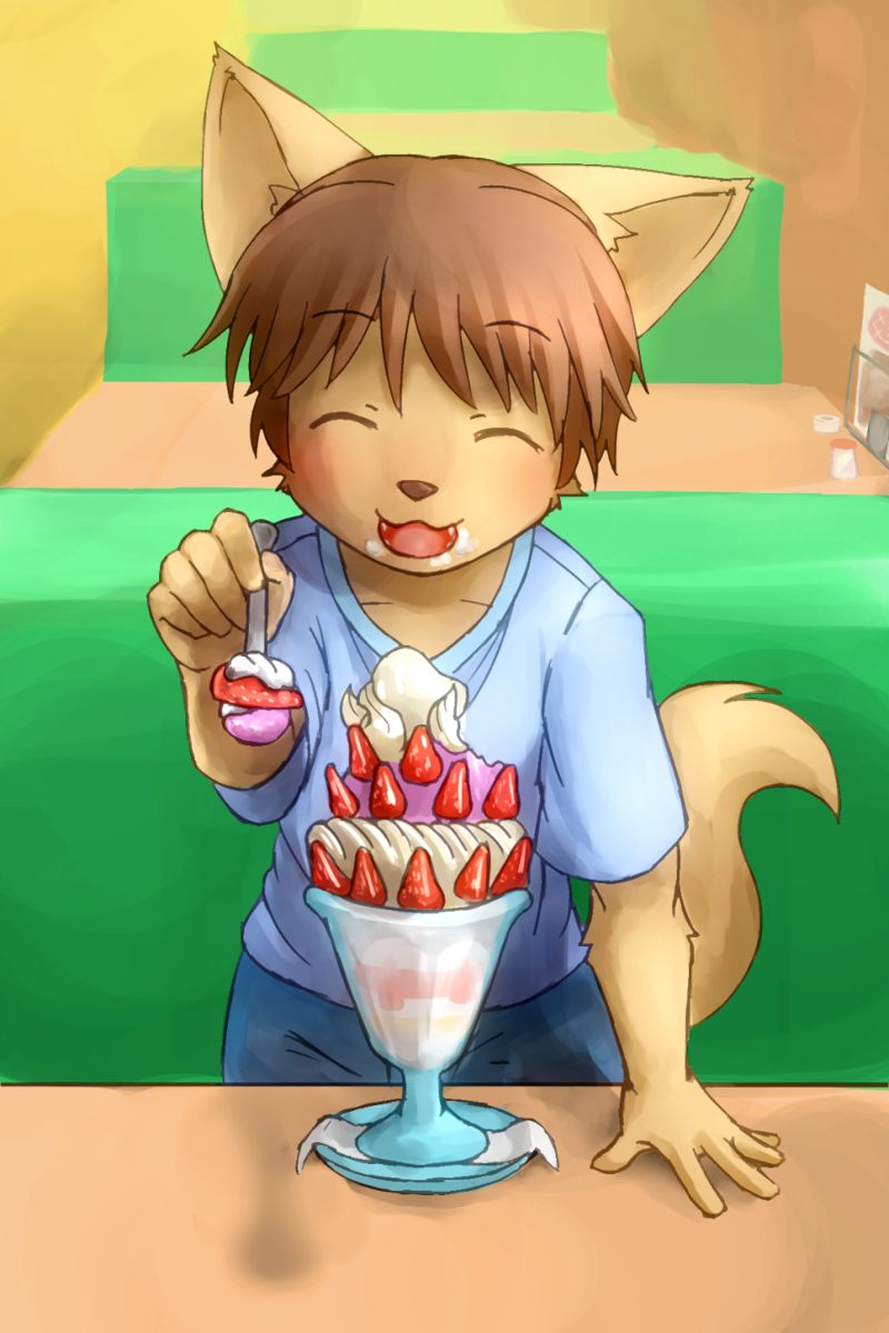 anthro brown_body brown_fur brown_hair cutlery dessert eyes_closed food fur hair holding_object holding_spoon ice_cream kitchen_utensils male offering_food offering_to_viewer open_mouth solo spoon tools young young_anthro sfh canid canine fox mammal 2:3 hi_res