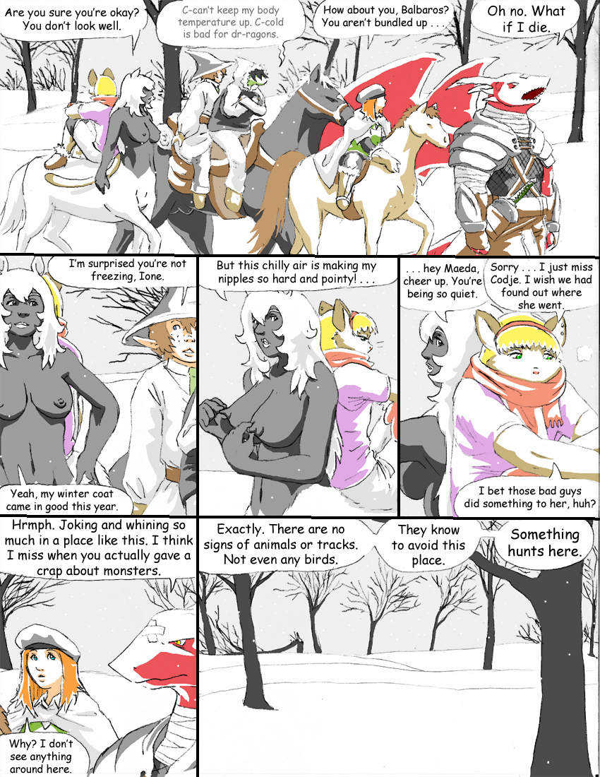 anthro breasts dialogue female feral group horn male membrane_(anatomy) membranous_wings nipples outside quadruped side_boob snow tail text wings reiger european_mythology greek_mythology mythology balbaros_(reiger) damsel_(reiger) dranz_(reiger) ione_(reiger) maeda_(reiger) willelm_(reiger) centaur domestic_cat dragon elf equid equid_taur equine felid feline felis horse human humanoid humanoid_taur mammal mammal_taur mythological_creature mythological_scalie scalie taur comic english_text trans_(lore) trans_woman_(lore)