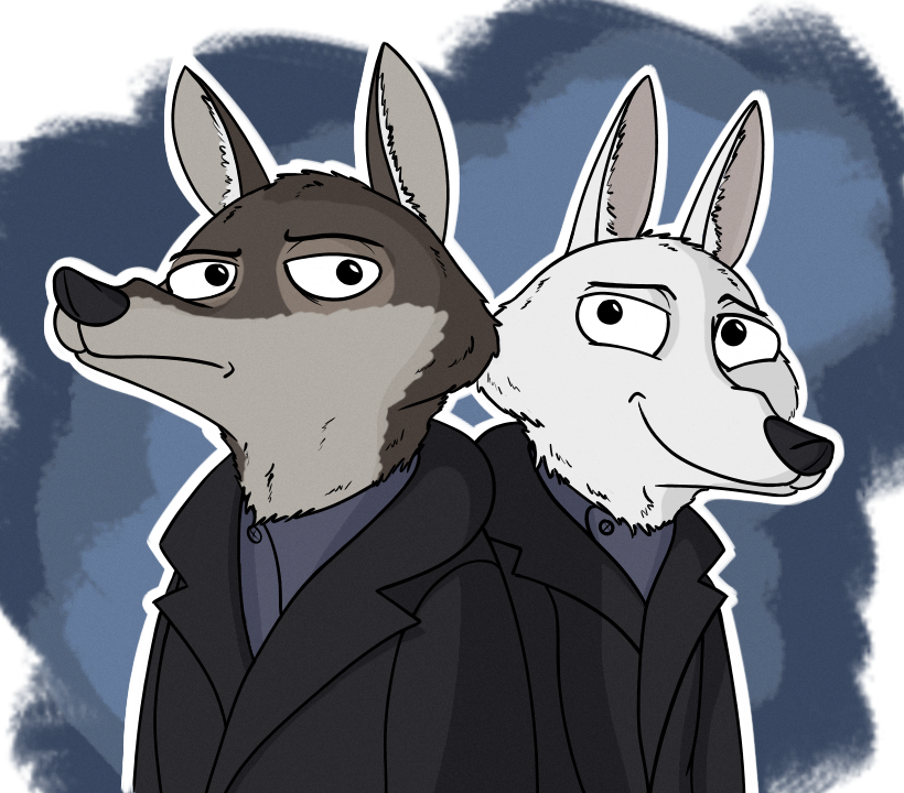 anthro black_nose brown_body brown_fur clothed clothing coat duo fur smile topwear white_body white_fur anothercolouranon disney zootopia gary_(zootopia) larry_(zootopia) canid canine canis mammal wolf 2020