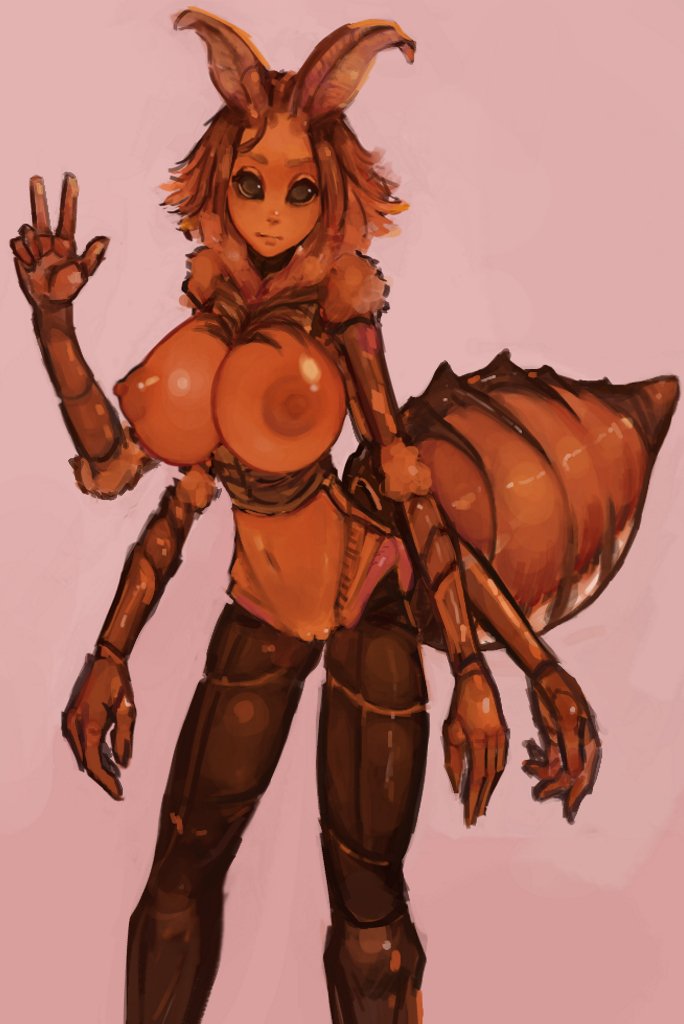 4_arms antennae_(anatomy) arthropod_abdomen big_breasts black_eyes breasts brown_body exoskeleton female genitals gesture hair hand_gesture huge_breasts looking_at_viewer moth_antennae multi_arm multi_limb multicolored_body navel nipples nude orange_body orange_hair pussy simple_background solo standing v_sign syvaron animal_humanoid arthropod arthropod_humanoid humanoid insect insect_humanoid