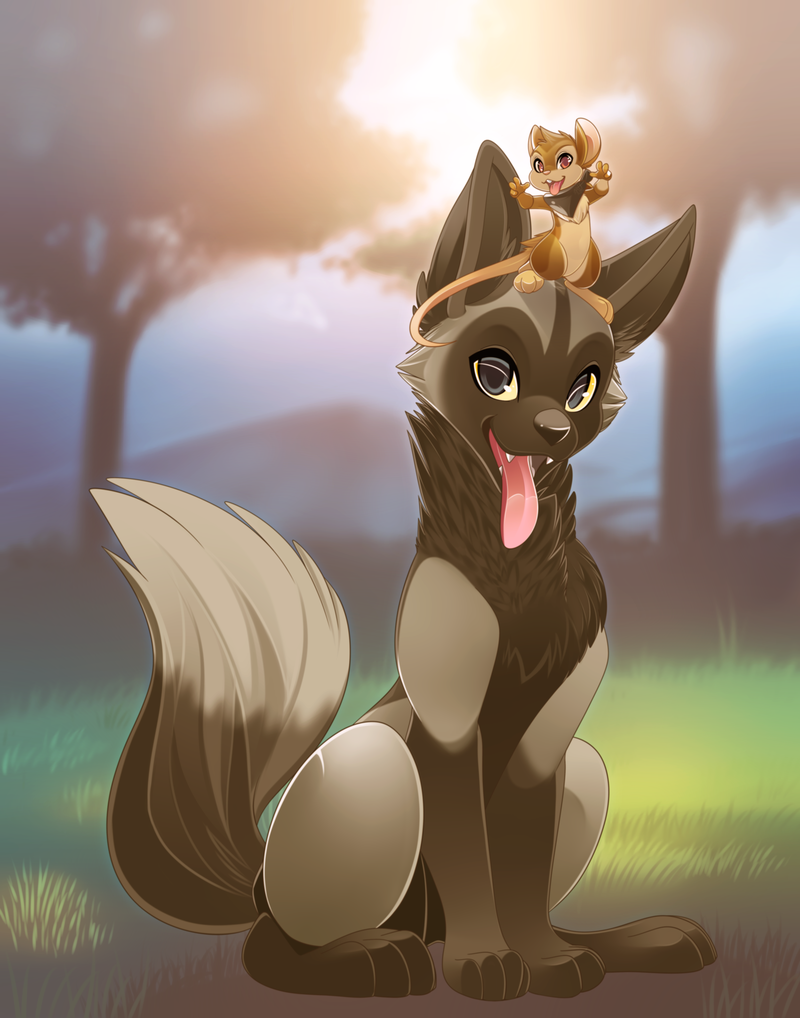 black_body black_fur brown_body brown_fur cheek_tuft detailed_background duo facial_tuft female feral fur grass grey_body grey_fur head_tuft light neck_tuft open_mouth open_smile outside plant smile tail tongue tongue_out tree tuft rudragon ralen_(ralenfox) tofu_(ralenfox) canid canine fox mammal mouse murid murine rodent 2016 lighting