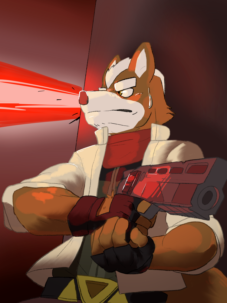 5_fingers belt bodily_fluids brown_body brown_fur clothing eyebrows fingerless_gloves fingers fur gloves gun handwear holding_object looking_aside male ranged_weapon scarf solo sweat weapon white_body white_fur dama624 nintendo star_fox fox_mccloud canid canine fox mammal 3:4