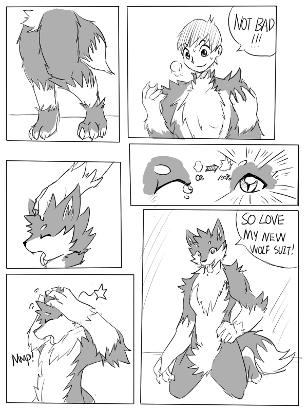 anthro biped chest_tuft clothing costume countershade_face countershade_fur countershade_torso countershading crotch_tuft dialogue dipstick_tail eyes_closed fur fursuit gloves_(marking) grey_body grey_fur hair happy kneeling looking_down_at_self male markings multicolored_tail nude open_mouth pupils simple_background slit_pupils smile solo species_transformation speech_bubble standing suit_transformation tail tail_markings text tongue tongue_out transformation transformation_sequence tuft white_body white_markings mxl canid canine canis human mammal wolf 2012 3:4 comic english_text engrish monochrome