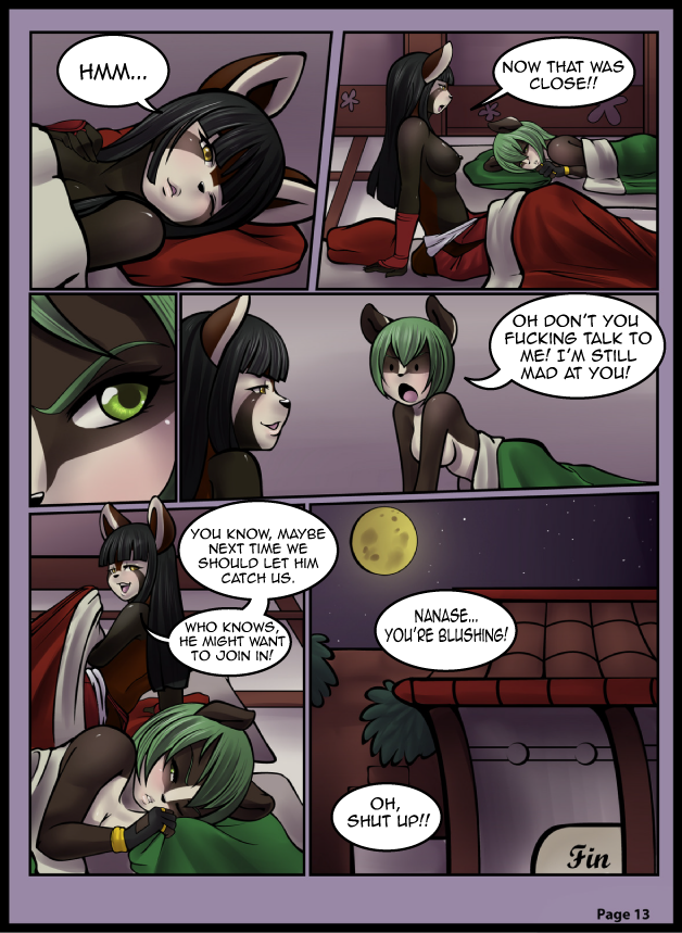 anthro bed black_hair blush breasts duo female furniture green_hair hair nipples theblackrook after_dark_(comic) sayuri_x_nanase nanase sayuri ailurid badger mammal mustelid musteline red_panda comic digital_media_(artwork)