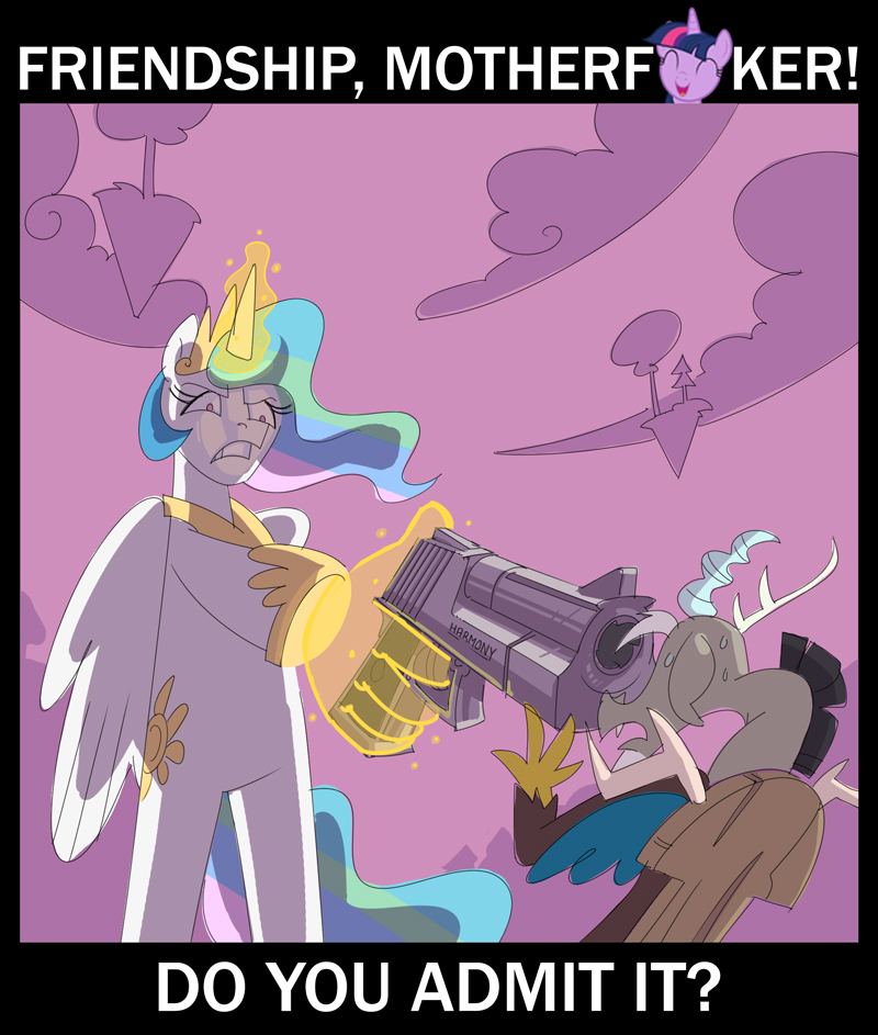 creative_censorship desert_eagle ethereal_hand female feral gun handgun horn magic male pistol profanity quadruped_to_biped ranged_weapon standing weapon wings gor1ck friendship_is_magic hasbro my_little_pony mythology discord_(mlp) princess_celestia_(mlp) twilight_sparkle_(mlp) chimera draconequus equid equine mammal mythological_creature mythological_equine winged_unicorn censored