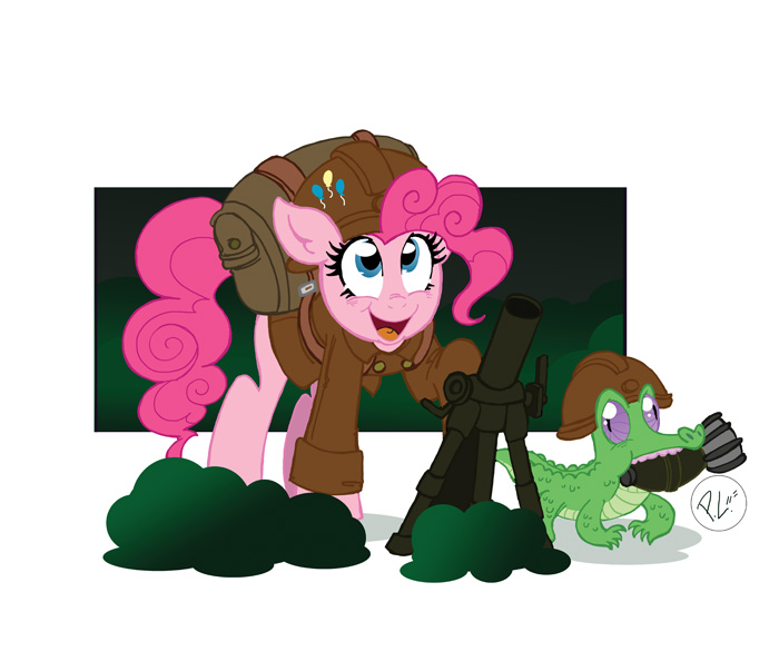 armor backpack clothing duo female feral french fur hair headgear helmet military mortar mortar_bomb pink_body pink_fur simple_background soldier tail uniform warrior white_background greenwiggly friendship_is_magic hasbro my_little_pony gummy_(mlp) pinkie_pie_(mlp) alligator alligatorid crocodilian earth_pony equid equine horse mammal pony reptile scalie 2011