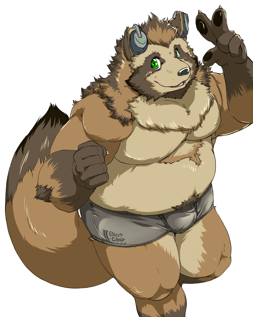 anthro belly brown_body brown_fur bulge clothing electronics fur green_eyes headphones humanoid_hands kemono male overweight overweight_anthro overweight_male simple_background solo underwear white_background suruga canid canine mammal raccoon_dog tanuki 2020