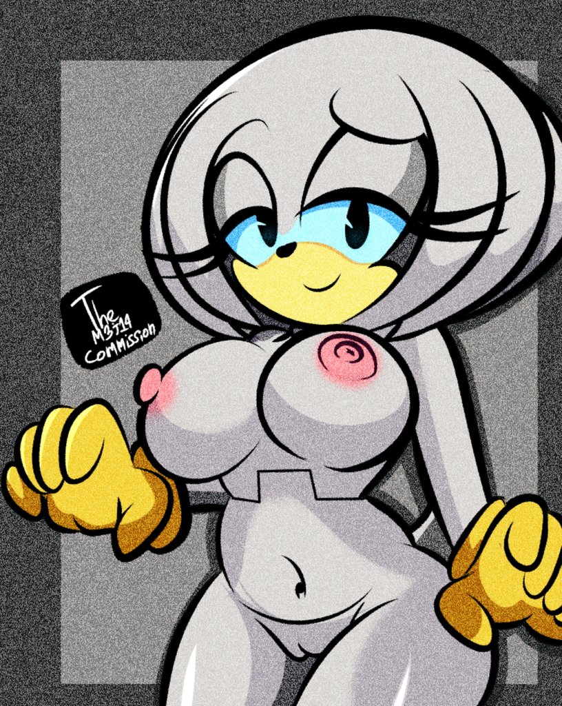 anthro big_breasts black_eyes black_nose blue_sclera breasts clothing eyelashes female fur genitals gloves grey_background grey_body grey_fur grey_hair hair handwear monotone_body monotone_fur navel nipples pussy simple_background smile solo tail wide_hips yellow_clothing yellow_gloves yellow_handwear diego_mejia sega sonic_the_hedgehog_(series) fan_character zeta_the_echidna echidna mammal monotreme artist_name