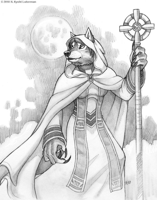 anthro athrin_velias cape celtic_cross claws clothed clothing cross dress female fur hair hood magic_user melee_weapon moon night outside priest simple_background solo staff weapon hkluterman kyoht_luterman blizzard_entertainment warcraft canid mammal werecanid werecreature worgen 2010 graphite_(artwork) monochrome traditional_media_(artwork)