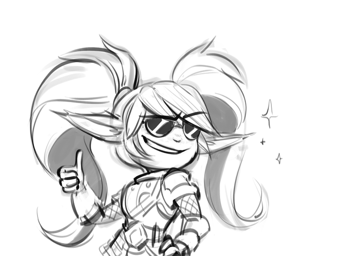 4_fingers armor bangs breastplate clothing eyewear female fingers gesture gloves hand_gesture handwear humanoid_pointy_ears pigtails pointy_ears shoulder_pads simple_background smile smirk solo sparkles sunglasses thumbs_up white_background te4moon_(artist) league_of_legends riot_games tencent poppy_(lol) humanoid yordle monochrome sketch