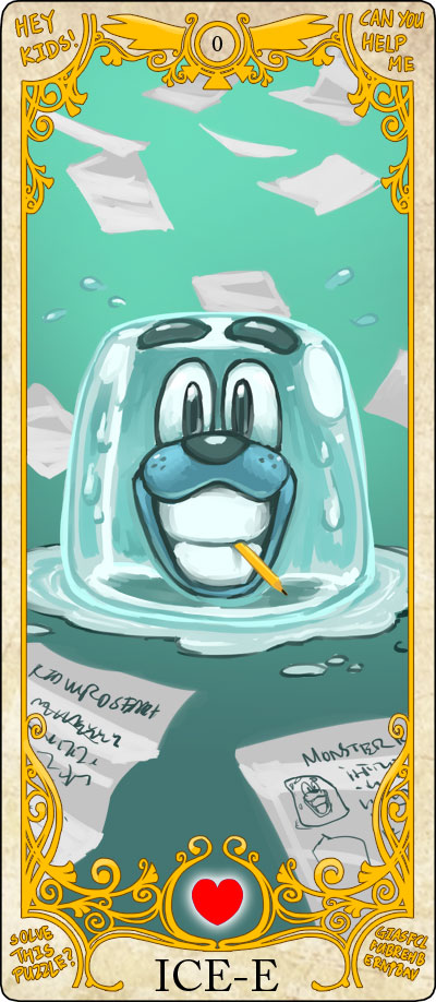 art_nouveau card card_template fortune_telling ice looking_at_viewer major_arcana solo tarot tarot_card the_fool_(tarot) dogbomber undertale undertale_(series) ice-e elemental_creature ice_creature mineral_fauna alternate_version_at_source