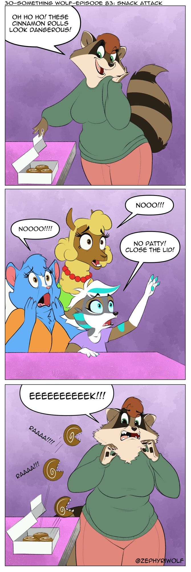 3_panel_comic anthro blue_body blue_fur brown_body brown_fur brown_hair cheek_tuft clothing dialogue facial_markings facial_tuft fangs female fur green_highlights green_sclera group hair head_markings highlights_(coloring) humor markings mask_(marking) open_mouth open_smile shirt smile speech_bubble striped_markings striped_tail stripes sweater t-shirt tail tail_markings tan_body tan_fur teeth text topwear tuft white_hair wide_eyed wool_(fur) wool_hair zephyriwolf zephyri_q_wolf camelid canid canine canis domestic_cat felid feline felis llama mammal procyonid raccoon wolf english_text hi_res