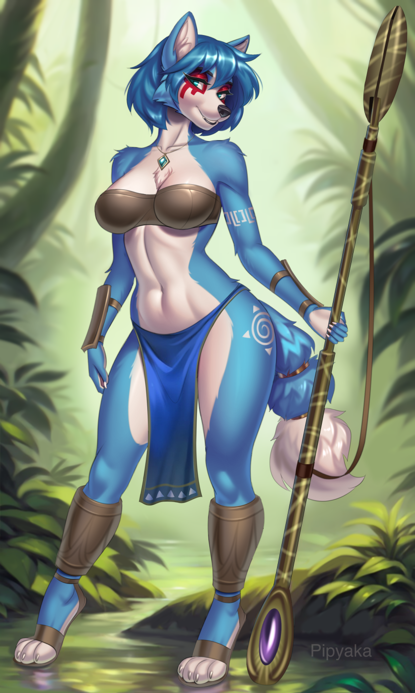 accessory anthro arm_markings arm_tuft armor bandeau big_breasts blue_body blue_bottomwear blue_clothing blue_fur blue_hair blue_loincloth bodypaint bottomwear bra breasts chest_tuft clothed clothing cocked_hip collarbone dipstick_tail exposure_variation eye_markings eyebrows eyelashes feet female footwear forest fur furgonomics hair inner_ear_fluff jewelry jungle leg_markings loincloth looking_at_viewer markings midriff navel necklace outside plant ring sandals shoes short_hair shoulder_tuft skimpy slim solo spread_legs spreading staff standing strapless_bra strapless_clothing strapless_topwear strapless_underwear tail tail_accessory tail_jewelry tail_markings tail_ring teal_eyes thigh_markings topwear tree tribal tribal_markings tuft underwear vambrace war_paint white_body white_fur pipyaka nintendo star_fox krystal_(star_fox) canid canine fox mammal 2024 hi_res