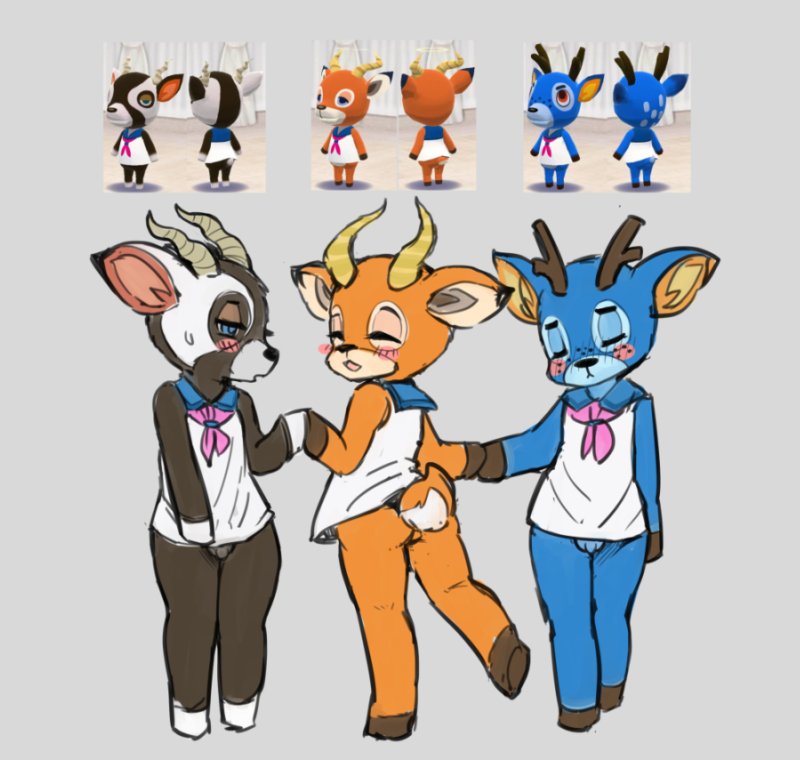 anthro antlers blush butt clothed clothing crossdressing femboy flaccid genitals group horn male male/male penis school_uniform simple_background uniform menhou animal_crossing nintendo bam_(animal_crossing) beau_(animal_crossing) zell_(animal_crossing) antelope bovid deer gazelle mammal