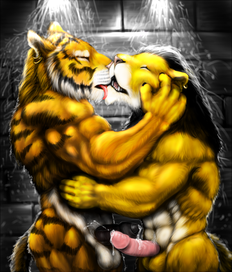 abs anthro anthro_on_anthro balls black_bars black_penis bodily_fluids circumcised cum cum_on_penis duo ear_piercing eyes_closed foreskin french_kissing frottage fur genital_fluids genitals hug kissing licking male male/male mane muscular orange_body orange_fur partially_retracted_foreskin penile penis piercing pink_body pink_fur sex shower striped_body striped_fur stripes tongue tongue_out vein wet yellow_body yellow_fur dynafurryart felid lion mammal pantherine tiger 2018 pillarbox