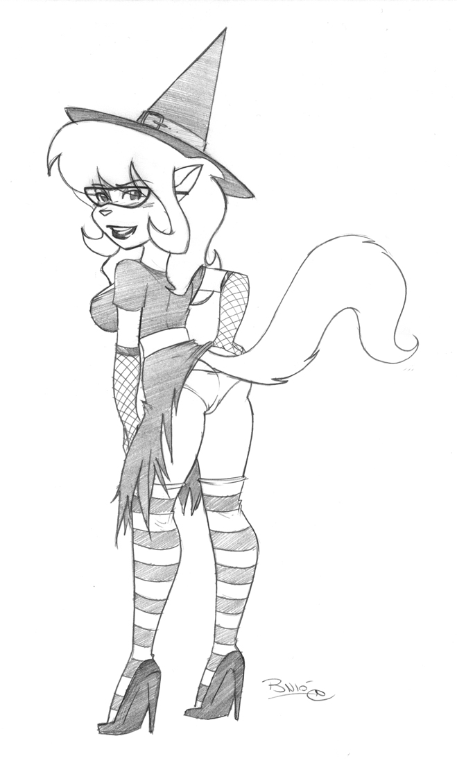 anthro biped blush butt clothing eyewear female footwear glasses hat headgear headwear high_heels holidays legwear lips looking_at_viewer shoes solo stockings witch_hat omgtkb halloween hanna-barbera swat_kats callie_briggs domestic_cat felid feline felis mammal monochrome