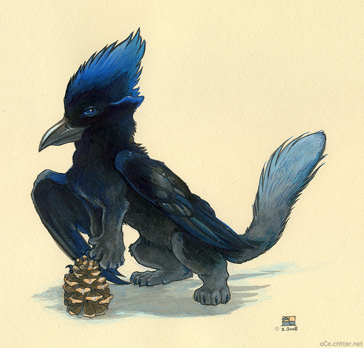 ambiguous_gender beak black_body black_feathers blue_body blue_eyes blue_feathers claws feathered_wings feathers feet hindpaw paws pinecone simple_background solo tail wings amara_telgemeier mythology avian bird blue_jay corvid felid gryphon jay_(bird) mammal mythological_avian mythological_creature new_world_jay oscine passerine 2008