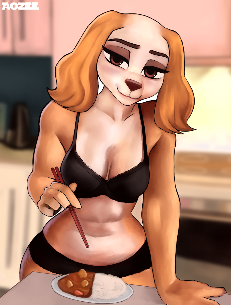 anthro bra breasts chopsticks cleavage clothed clothing curry eating eyelashes female food fur half-closed_eyes inside kitchen looking_at_viewer narrowed_eyes panties rice skimpy smile solo tan_body tan_fur underwear wide_hips aozee aggretsuko sanrio inui_(aggretsuko) borzoi canid canine canis domestic_dog hunting_dog mammal sighthound 2020 digital_media_(artwork)
