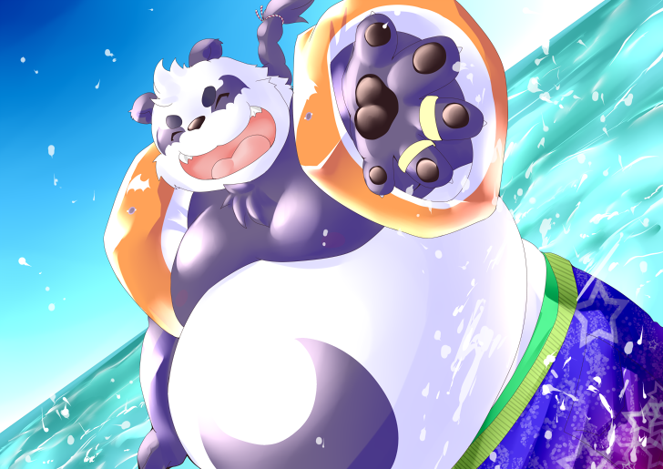 anthro black_nose clothing eyes_closed fur kemono male overweight overweight_anthro overweight_male purple_body purple_fur solo swimwear water white_body white_fur tomoyamaru lifewonders tokyo_afterschool_summoners alp_(tas) bear giant_panda mammal 2020