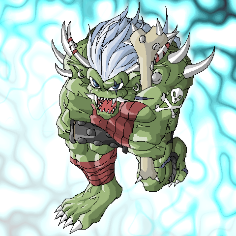 biceps claws fangs green_body green_skin male muscular muscular_humanoid muscular_male solo tattoo teeth guzu_kuo bandai_namco digimon digimon_(species) humanoid ogremon 1:1 low_res