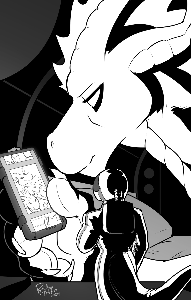 ambiguous_gender anthro claws clothed clothing duo empty_eyes fully_clothed horn sad size_difference spacesuit tablet rick_griffin hayven_celestia gert_(hayven_celestia) pokokuro geroo krakun 2024 greyscale hi_res monochrome male_(lore)