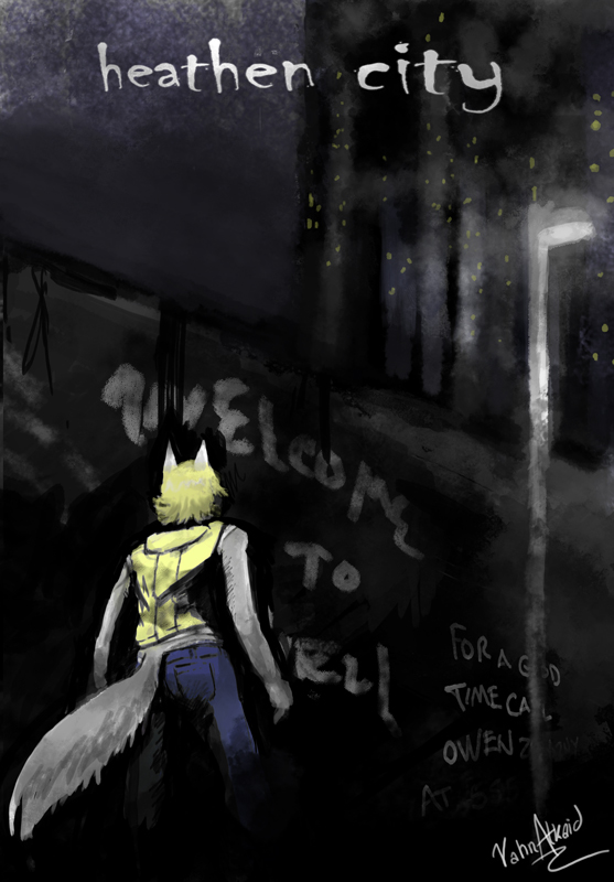 anthro blonde_hair blue_bottomwear blue_clothing blue_pants bottomwear clothing fur graffiti grey_body grey_fur hair jacket male pants series_title solo text topwear yellow_clothing yellow_jacket_(clothing) yellow_topwear vahnfox heathen_city owen_zelazny canid canine canis mammal wolf english_text signature