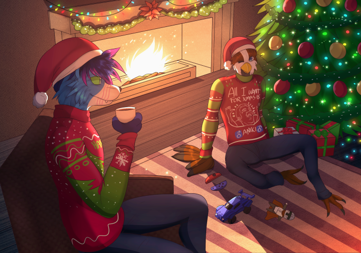 anthro beverage candy chocolate christmas_clothing christmas_decorations christmas_headwear christmas_lights christmas_present christmas_tree clothing dessert duo fireplace food gift hat headgear headwear holidays hot_chocolate male plant santa_hat sweater topwear tree argonchann christmas epic_games nintendo nintendo_switch rocket_league star_wars the_mandalorian arf_(character) rasco avian bird canid canine canis fox mammal oscine passerine sparrow