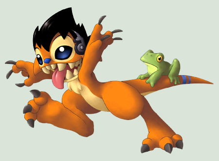 3_toes 4_fingers blue_markings blue_nose chest_tuft claws duo electronics feet feral fingers fur green_body hair headphones male markings orange_body orange_fur semi-anthro sharp_teeth teeth toe_claws toes tongue tongue_out tuft yellow_sclera ribera disney lilo_and_stitch fan_character rib_(ribera) alien amphibian experiment_(lilo_and_stitch) frog 2007 low_res male_(lore)