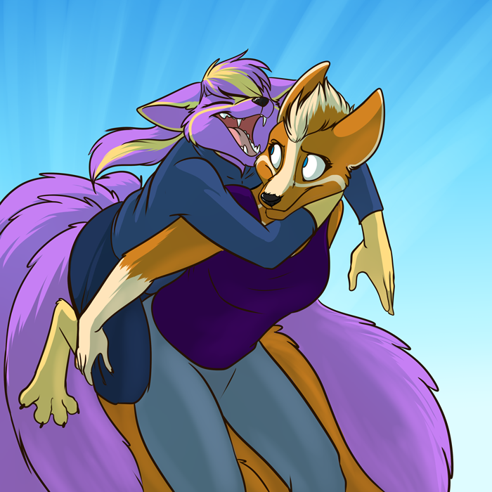 anthro blue_eyes breasts carrying_another clothed clothing duo eyes_closed female fur hair looking_back open_mouth orange_body orange_fur piggyback purple_body purple_fur foxenawolf gluneria_fullin kaari canid canine dreamspinner fox mammal 1:1 2019 story story_in_description