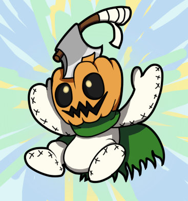 ambiguous_gender axe cape clothing food for_a_head fruit melee_weapon plant plushie pumpkin pumpkin_head puppet solo weapon sandflapjack bandai_namco digimon animate_inanimate digimon_(species) living_plushie object_head pumpkinmon low_res