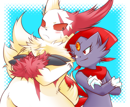 anthro blush bodily_fluids chest_tuft claws duo female fur markings red_eyes red_markings simple_background slightly_chubby sweat tail teeth tuft ryou_tani ryoutani_kana nintendo pokemon felid generation_3_pokemon generation_4_pokemon mammal pokemon_(species) weavile zangoose