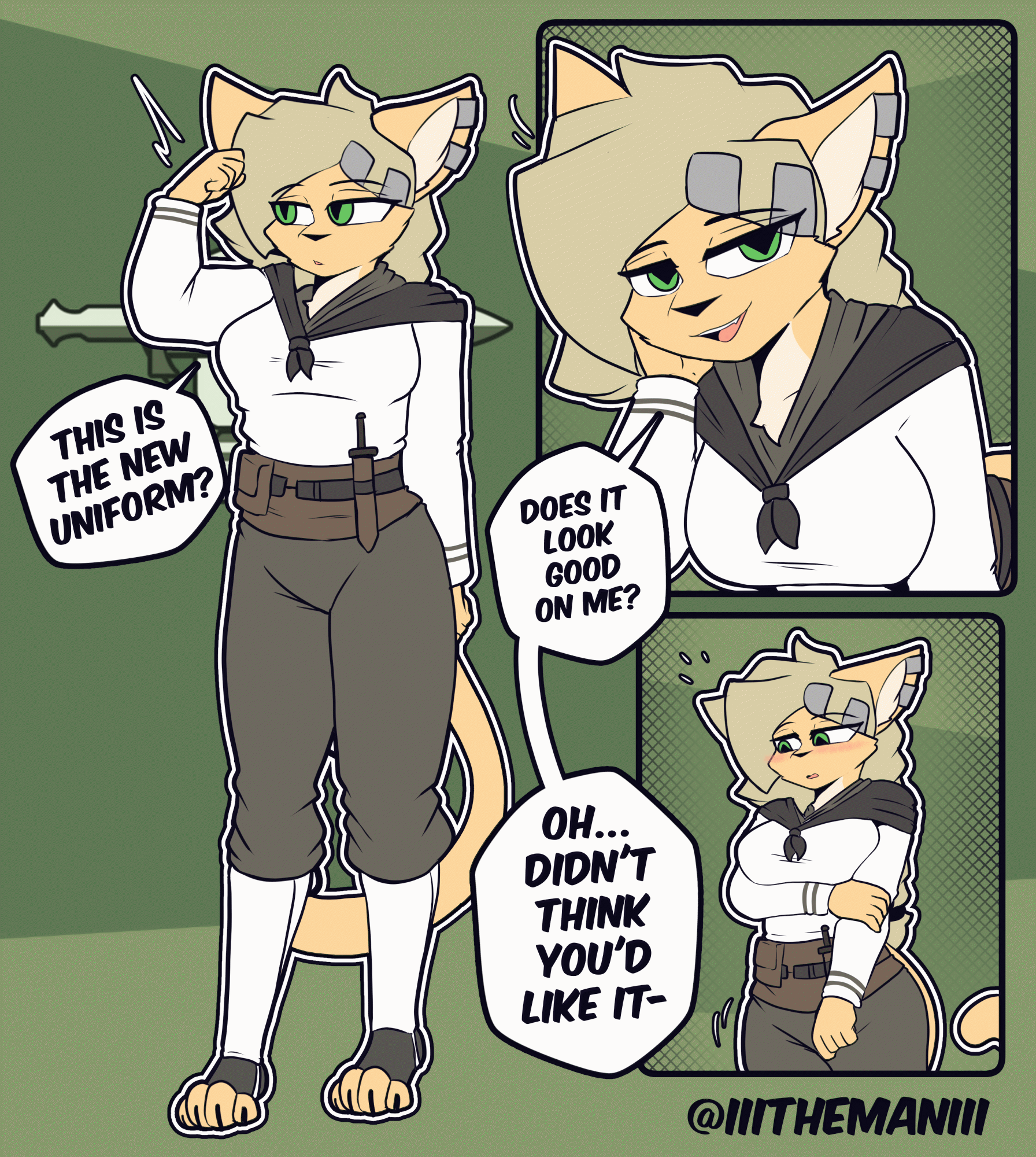 anthro black_nose blush breasts clothed clothing ear_piercing female green_eyes hair knife looking_at_viewer navy_uniform piercing question_mark shy smile text uniform the_man foxhole:_persistant_online_warfare bridge_(the_man) felid feline mammal 2025 animated english_text hi_res short_playtime