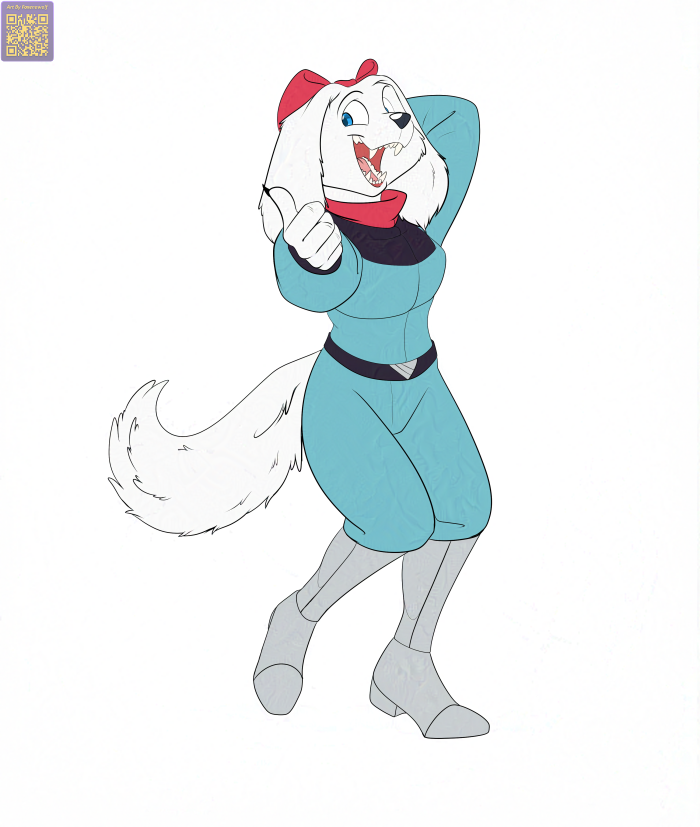 accessory anthro black_nose blue_eyes boots bow_ribbon breasts clothing female flight_suit floppy_ears footwear fur gesture hair_accessory hair_bow hair_ribbon hand_behind_head hand_gesture metal_boots open_mouth ribbons shoes simple_background smile solo tail thumbs_up white_background white_body white_fur foxenawolf nintendo star_fox fay_(star_fox) bird_dog canid canine canis domestic_dog hunting_dog mammal spaniel adversarial_noise