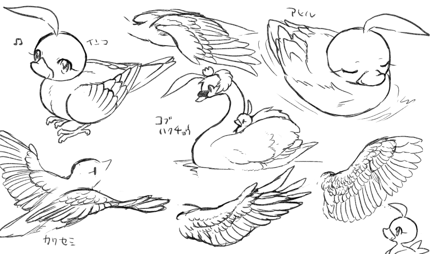 ahoge alternate_species ambiguous_gender avian_feet beak crown duo feathered_wings feathers feral feralized furrification hair headgear smile solo swimming wings nyame8 princess_tutu ahiru_(princess_tutu) princess_tutu_(character) anatid anseriform anserinae avian bird duck swan monochrome sketch sketch_page