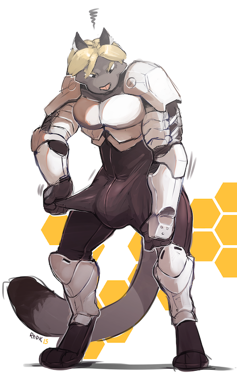 anthro armor big_bulge bulge clothing fur hair male solo standing tight_clothing redic-nomad daxxcat felid mammal