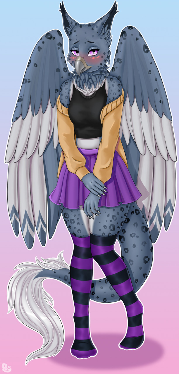 anthro blush bottomwear clothing female folded_wings gradient_background legwear looking_aside shirt shoulderless_clothing simple_background skirt solo stockings topwear wings polly-lolly mythology avian gryphon mythological_avian mythological_creature hi_res