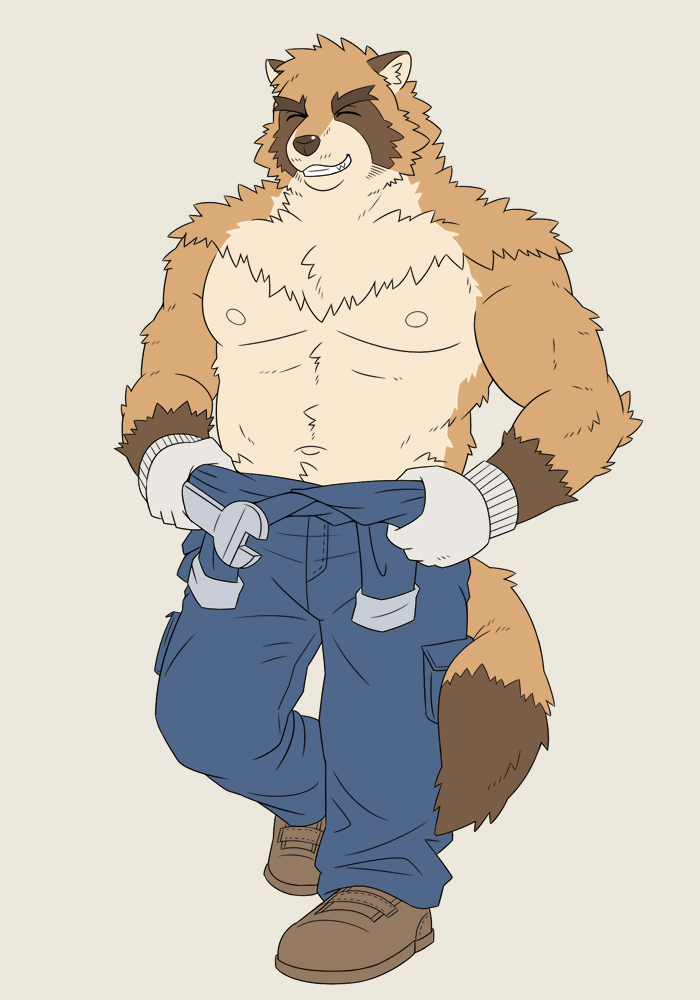 anthro black_nose bottomwear brown_body brown_fur clothing eyes_closed fur humanoid_hands kemono male muscular muscular_anthro muscular_male nipples pants simple_background solo jacklantern_11 canid canine mammal raccoon_dog tanuki 2020