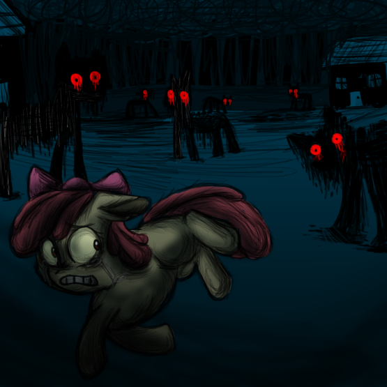 ambiguous_gender being_watched creepy female feral glowing glowing_eyes group looking_at_another nightmare_fuel quadruped red_eyes running scared tail teats young young_feral chirpings friendship_is_magic hasbro my_little_pony story_of_the_blanks apple_bloom_(mlp) earth_pony equid equine horse mammal monster pony undead 1:1 2012