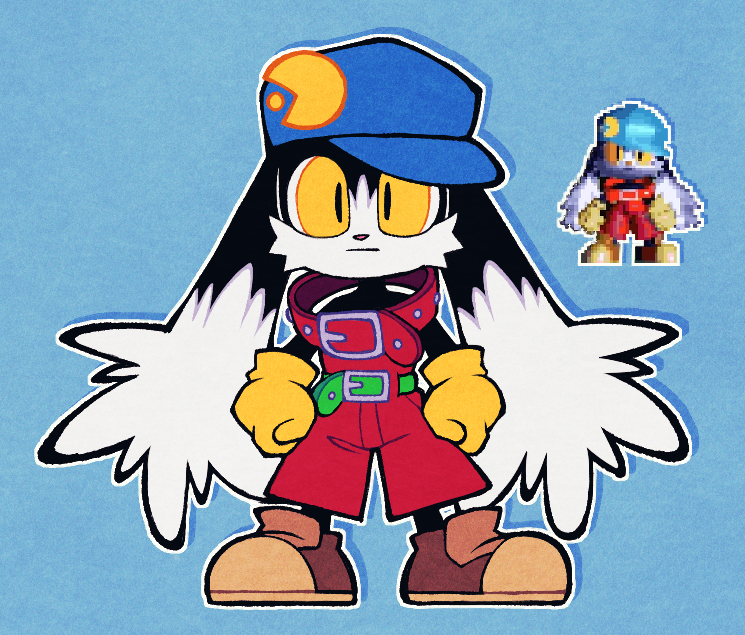 anthro belt black_body black_fur blue_background clothing fingers fist footwear fur gloves handwear looking_at_viewer male serious simple_background solo sprite vacant_stare yellow_clothing yellow_eyes yellow_gloves yellow_handwear lumspark bandai_namco klonoa_(series) pac-man_(series) klonoa pac-man domestic_cat felid feline felis mammal 2023