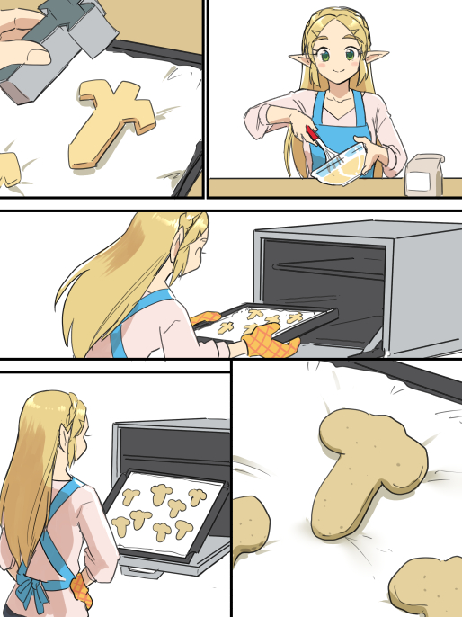 appliance apron bag baking baking_tray blonde_hair blush bowl clothing container cookie cookie_cutter cooking female flour food green_eyes hair humanoid_pointy_ears humor kitchen_appliance long_hair not_furry oven penis_shape pointy_ears shirt smile topwear wisk monbetsu_kuniharu breath_of_the_wild nintendo the_legend_of_zelda princess_zelda humanoid hylian comic