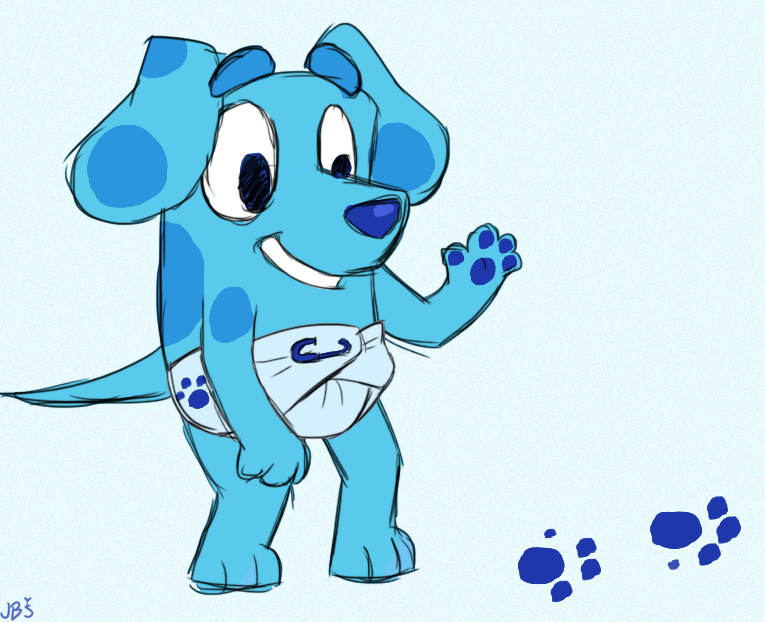 anthro anthrofied blue_body blue_fur clean_diaper cloth_diaper clothed clothing diaper female fur simple_background solo tail wearing_diaper young juneberrysprout blue's_clues bluey_(series) nickelodeon blue_(blue's_clues) canid canine canis domestic_dog mammal digital_media_(artwork)