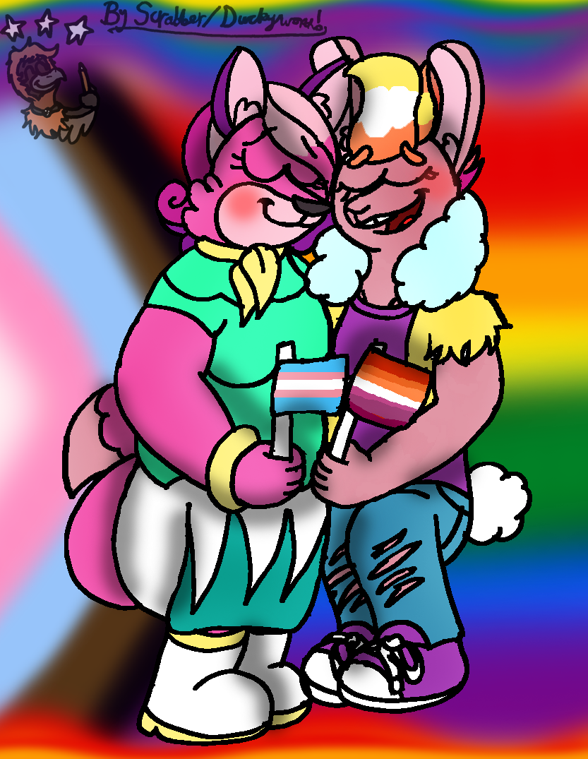 anthro blush duo female female/female lesbian_pride_colors lgbt_pride pride_colors progress_pride_colors sitting_together transgender_pride_colors scrabber_(artist) super_lesbian_animal_rpg allison_goleta melody_amaranth canid canine fox lagomorph leporid mammal rabbit 2023 trans_(lore) trans_woman_(lore)